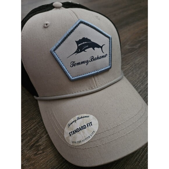 NWT Tommy Bahama Cap Tan Black Hat Fish Embroidered Logo Adjustable Strap - Picture 2 of 5